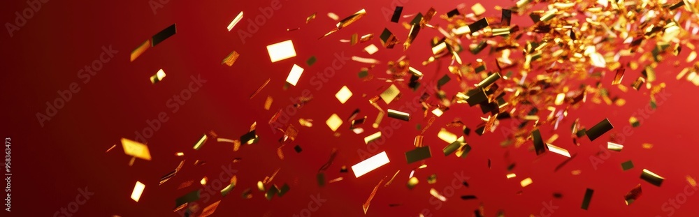 Aufkleber Abstract golden confetti on a red background in 3D rendering