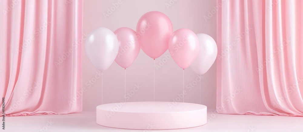 Aufkleber minimal product podium stage adorned with geometric pastel balloons for a presentation backdrop abst