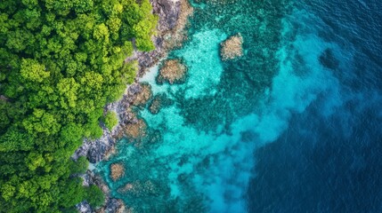 A stunning aerial view of a tropical coastline, with crystal-clear water and vibrant coral reefs.