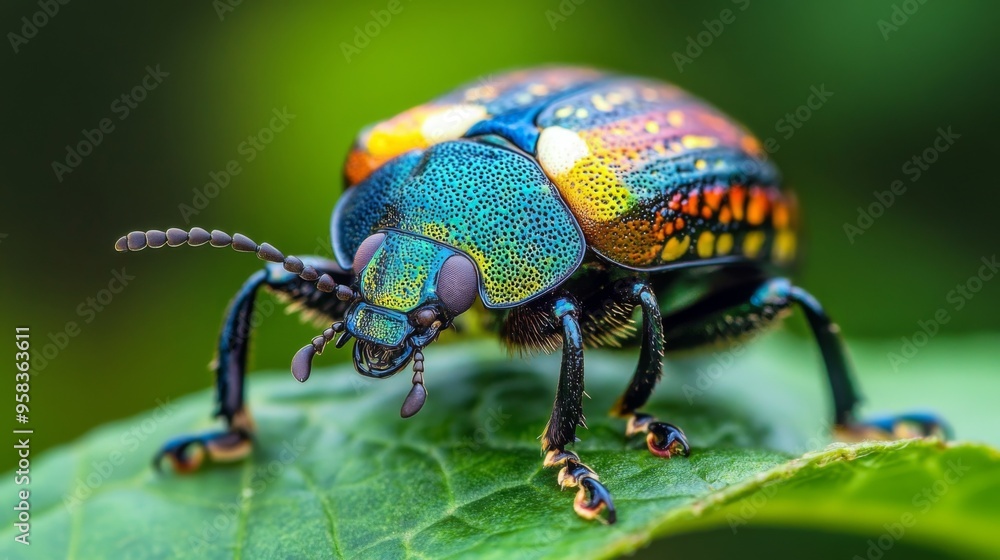 Poster a close-up of a colorful beetle crawling on a green leaf, with intricate details of its shell and th