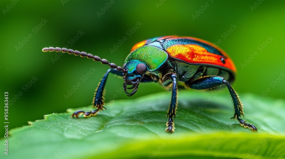 Poster A close-up of a colorful beetle crawling on a green leaf, with intricate details of its shell and the leaf's texture clearly visible, set against a blurred background.