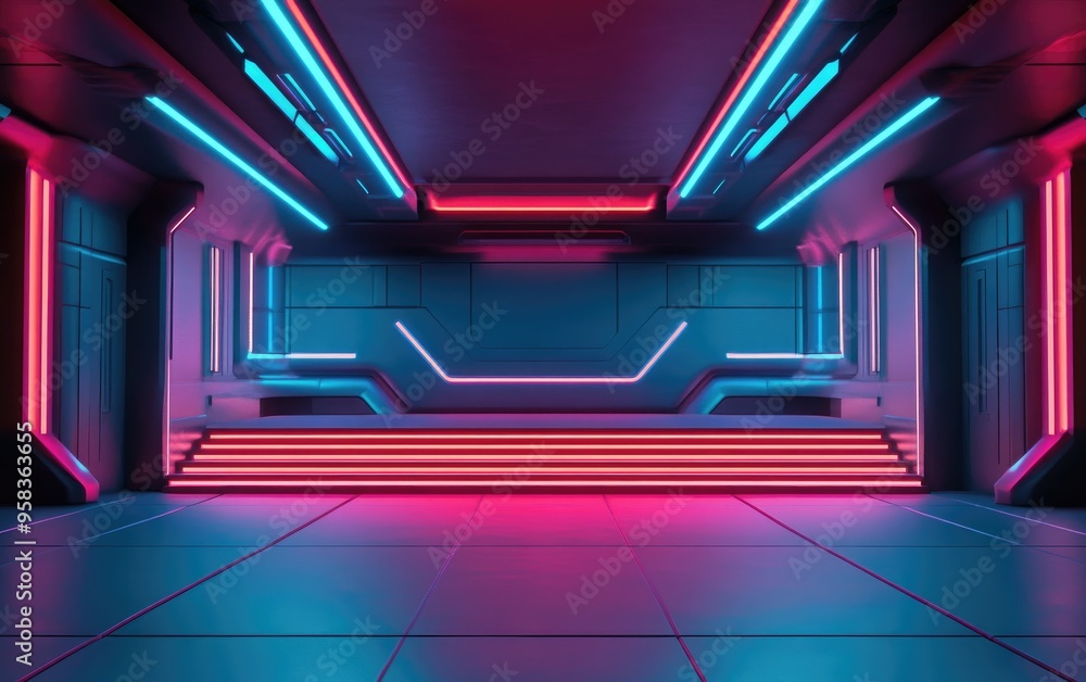 Poster futuristic empty stage with modern technology and sci fi interior design 3d rendering