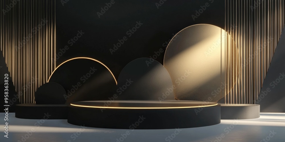 Poster Abstract podium background featuring geometric shapes in black and gold Minimalist 3D rendering ideal for product presentation