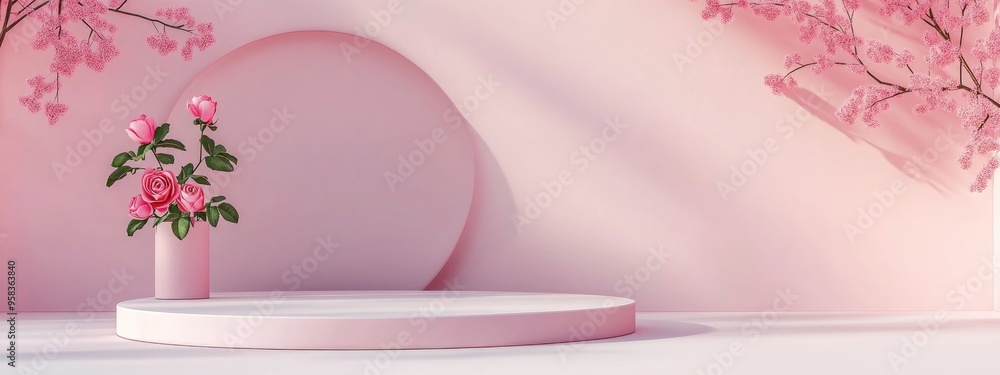 Poster minimalist geometric pedestal for product display featuring a rose design blank stage with a pink ba