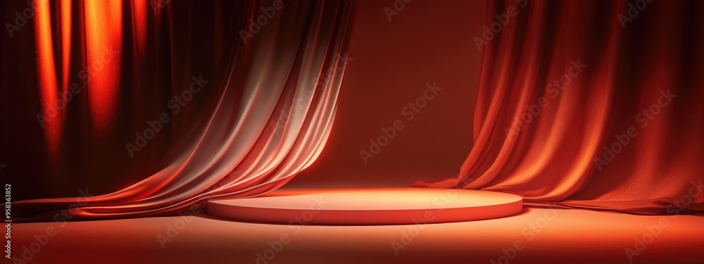 Aufkleber Minimal Podium with Draped Fabric and Dimmed Reddish Brown Abstract Background for Product Display and Presentation in 3D Rendering