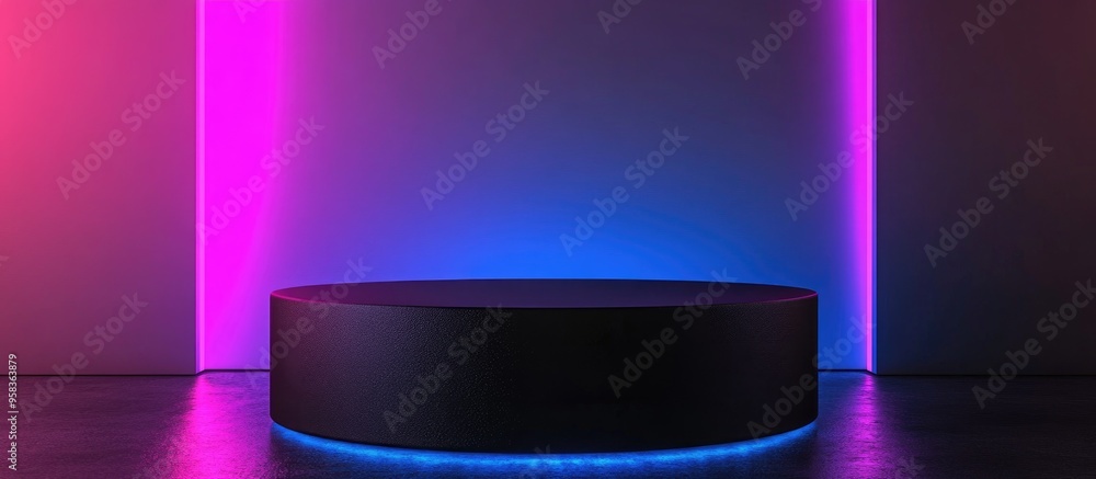Aufkleber Black podium on neon light display with blank backgrounds 3D rendering