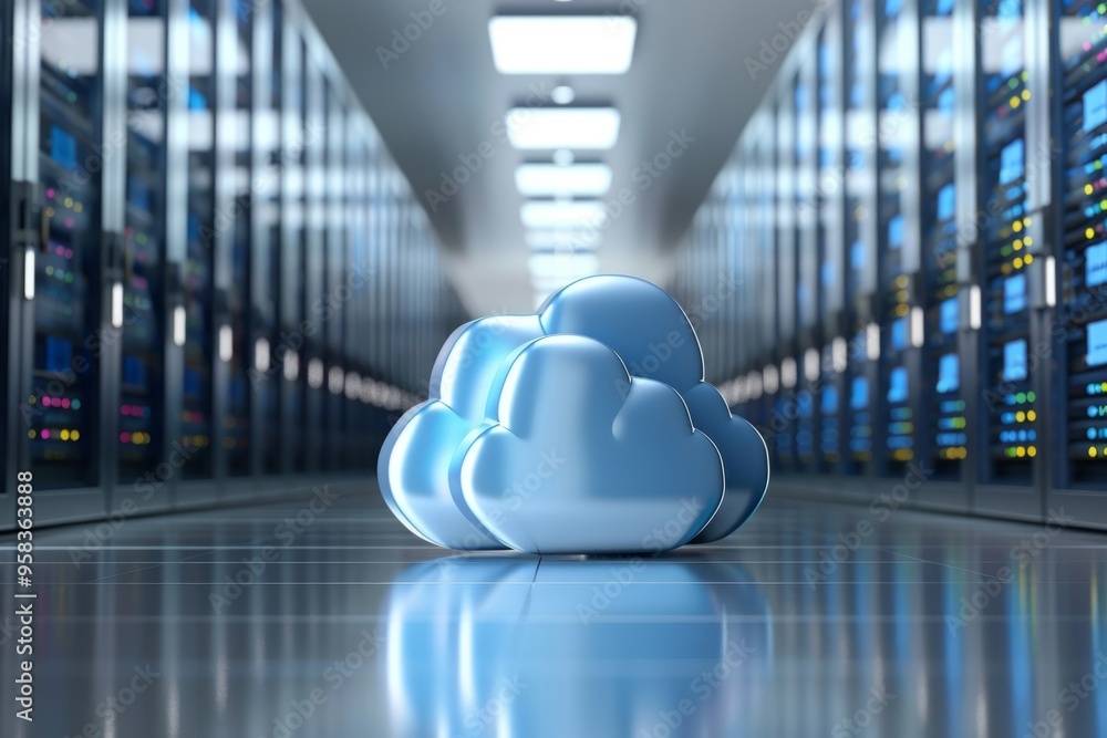 Poster cloud computing symbol standing in server room data center corridor