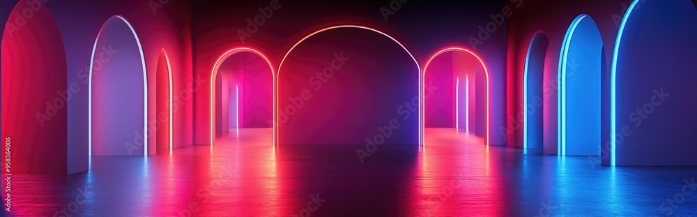 Poster interior background featuring light through arched openings in an empty room 3d rendering