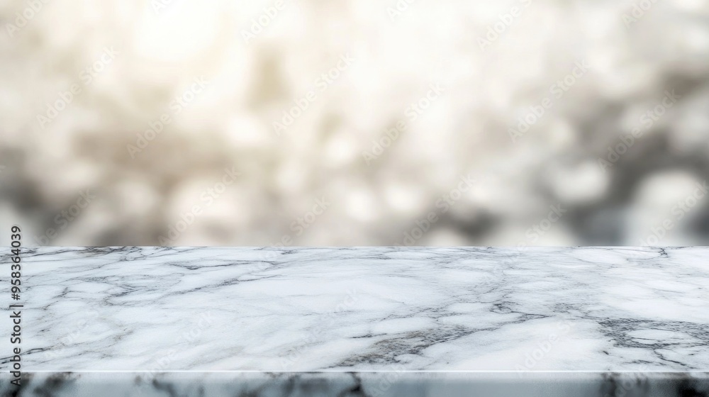 Poster White marble tabletop with a blurred abstract background suitable for product display or montage