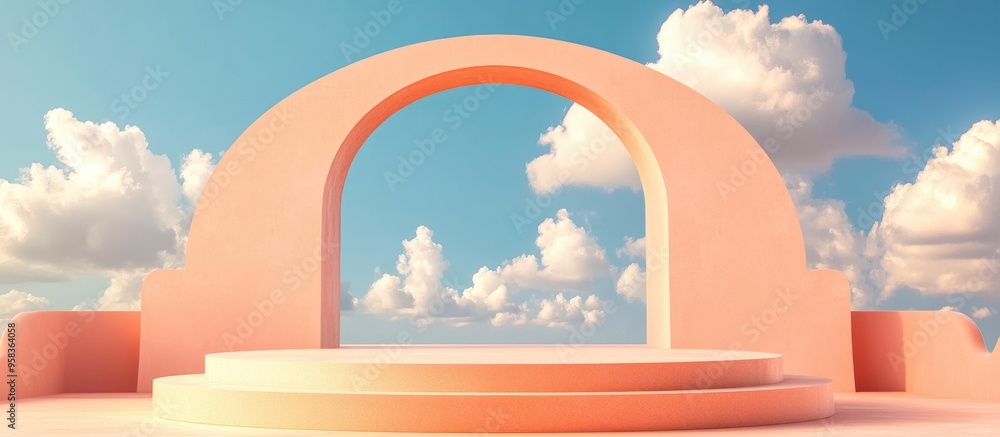 Poster podium stage displayed against a peach background featuring blue sky and clouds in a sunny setting 3