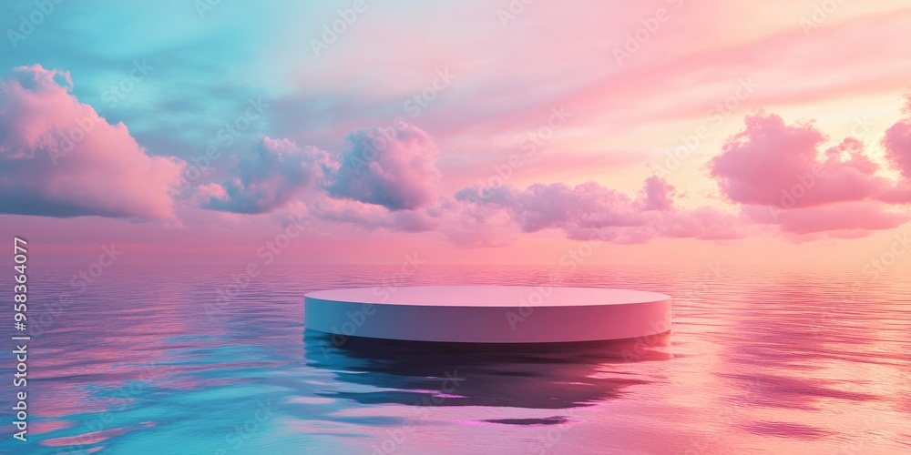Fototapete Podium floating on water with a colorful background for advertising display 3D rendering
