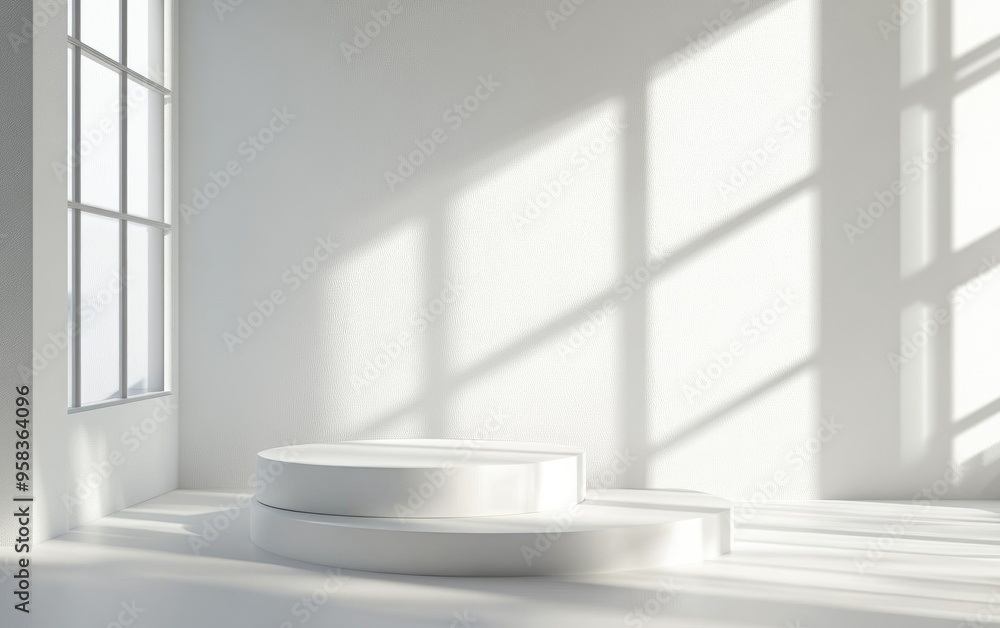 Poster Abstract 3D studio background in white tones for showcasing cosmetic products An empty grey space featuring window shadows and a blurred backdrop for product display