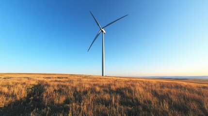 Obraz premium A wind turbine with its massive blades turning slowly against a clear blue sky in an open field.