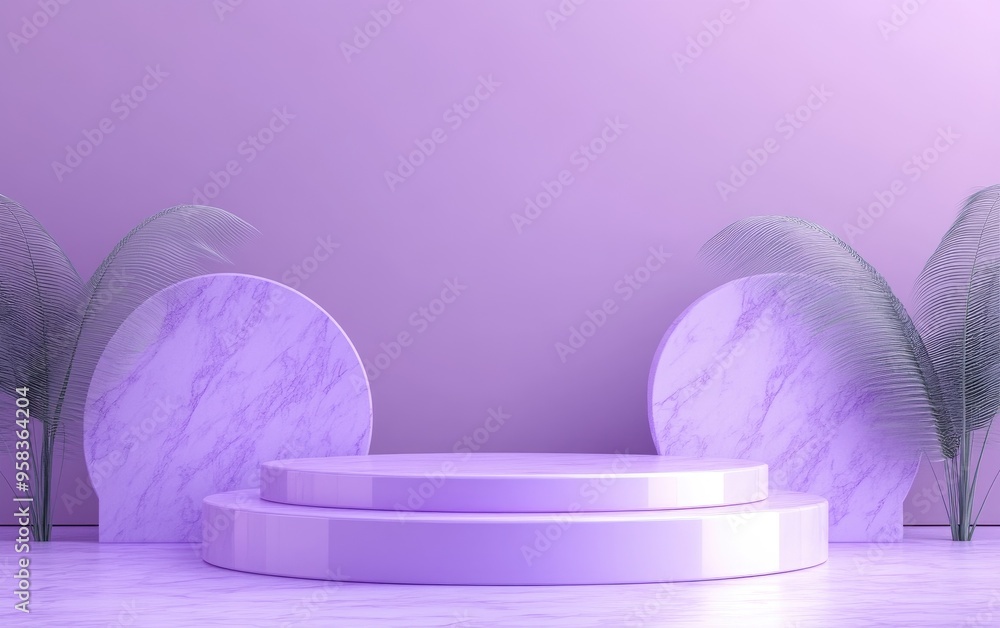 Poster Minimalist 3D geometric shapes on a pastel violet background An empty marble purple podium A scene featuring geometrical forms Display for cosmetic product presentation 3D render