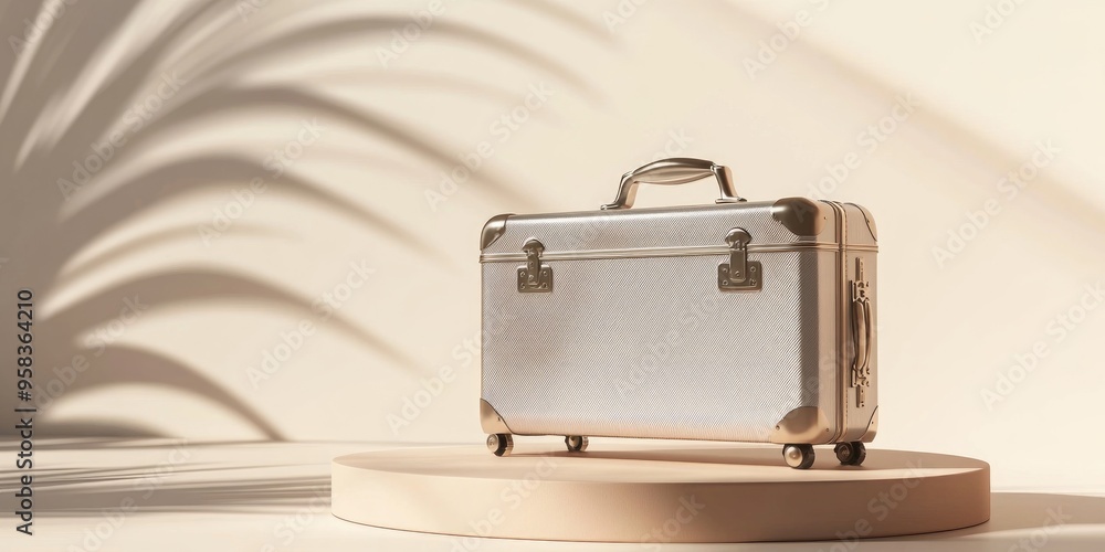 Poster silver suitcase trophy symbolizing victory on a podium with a light background banner indicating sec