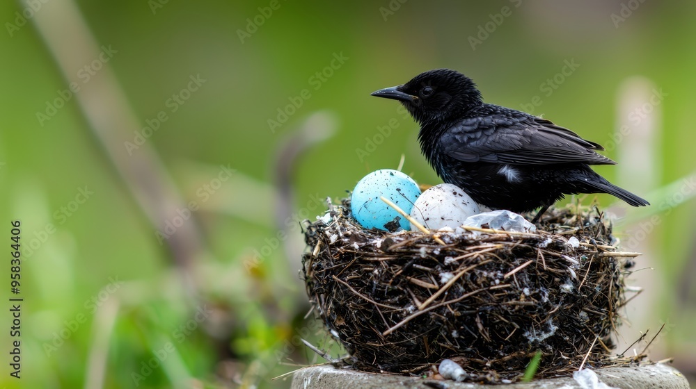 Wall mural Birds nesting in a remote area, with microplastic debris in the nests, showing the impact on wildlife far from urban centers