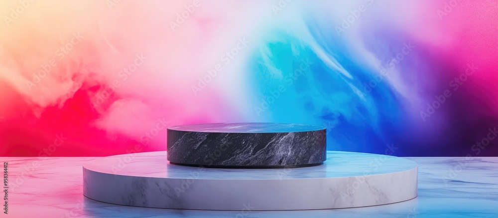 Poster Rock podium product display on an elegant surface with a vibrant background