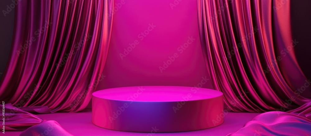 Poster vibrant magenta and neon pink 3d rendered luxury product display podium on textured fabric with gold