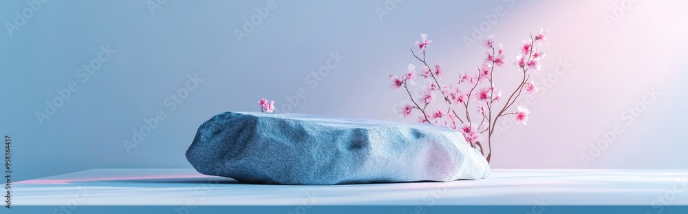 Poster a minimalistic composition featuring a stone adorned with flowers set against a light blue backdrop 