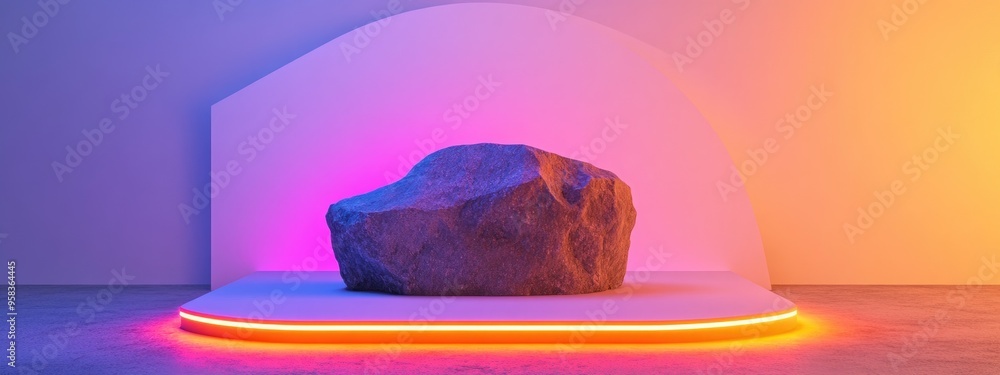 Poster wooden display podium featuring a stone against a white backdrop 3d rendering