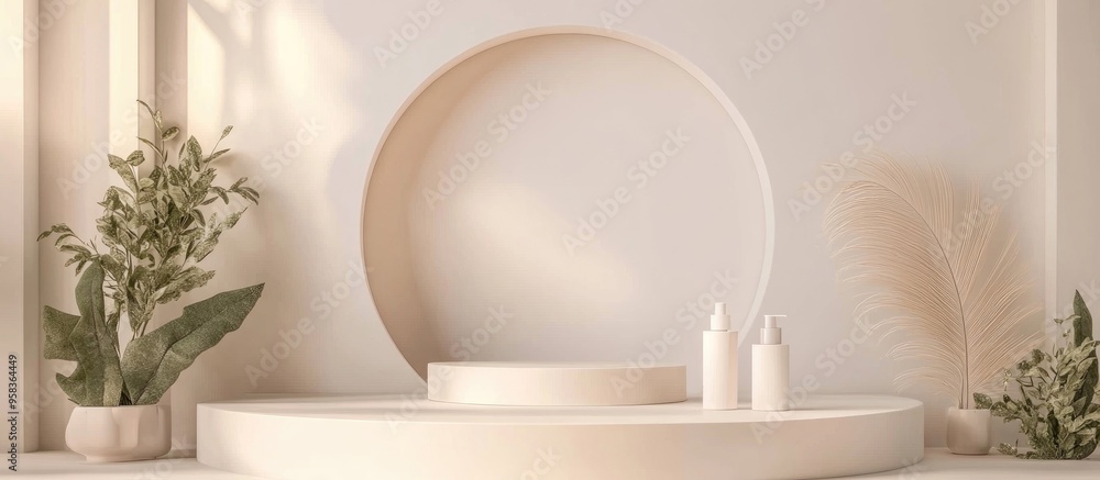 Poster 3D White Podium Background for Product Display and Promotion Featuring a Cosmetic Product Showcase 3D Rendering for Enhanced Presentation Mock up Design to Highlight Products