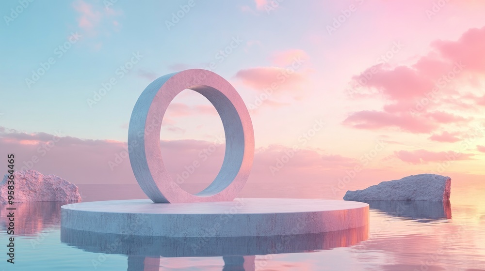 Poster premium 3d abstract minimalistic design showcasing an empty podium surrounded by a tranquil pond wit