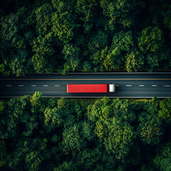 top view of indian transport truck driving on highway road in green forest. Sustainable transport. Drone view of transport truck asphalt road through dark green forest
