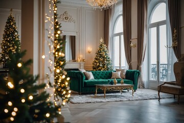 Christmas morning. classic luxurious apartments with decorated Christmas tree. Living hall large mirror, green sofa, high windows, columns and stucco