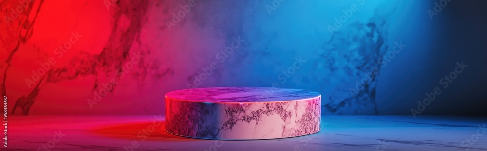 Poster terrazzo marble display stand featuring a curved glass element for showcasing products elegant pedes