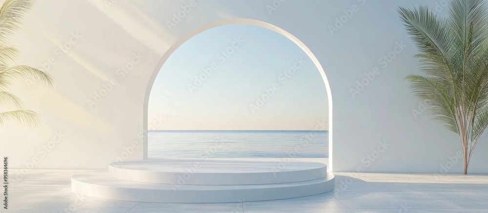 Poster scene featuring geometric shapes an arch with a podium illuminated by natural daylight set against a