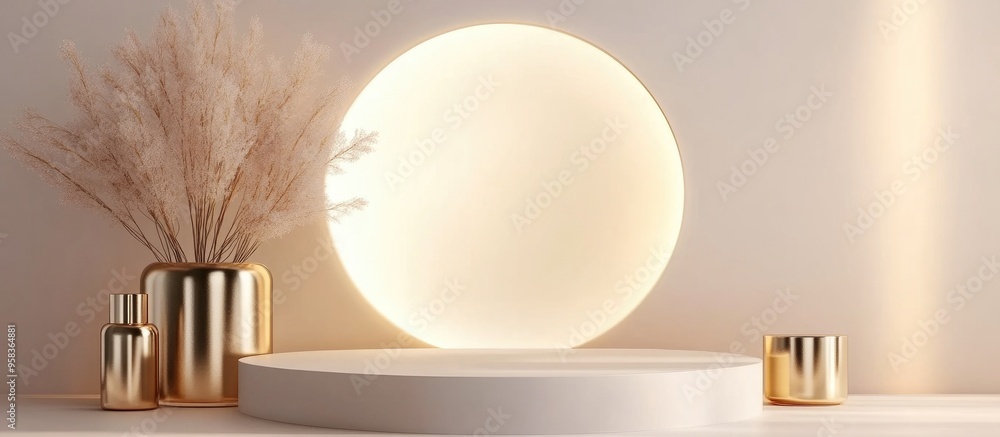 Poster Elegant display background featuring luxury gold products on a blank podium with glowing light 3D rendering