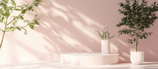 Subtle botanical backdrop casting shadows on the wall modern frame cover card postcard Display podium stand showcase on a soft light background for high end products 3D rendering