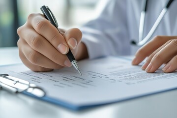 A close-up of a doctor's hand writing in a medical chart with a pen, featuring a stethoscope in the background