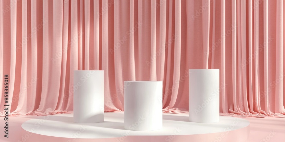 Poster white cylinder boxes arranged against a pink curtain backdrop for product showcasing 3d rendering lu