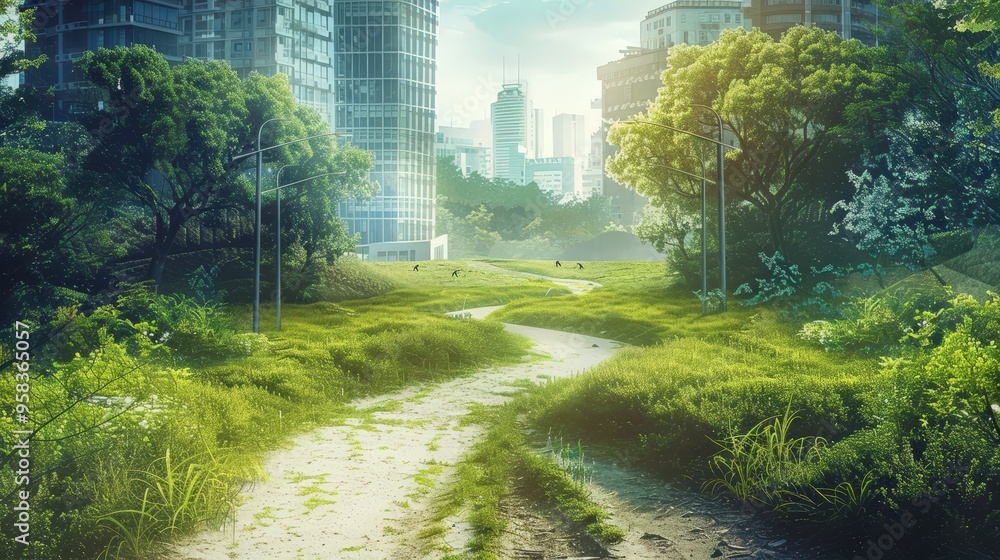 Poster show a fork in the road in an urban setting with one path leading to a busy commercial area and the 