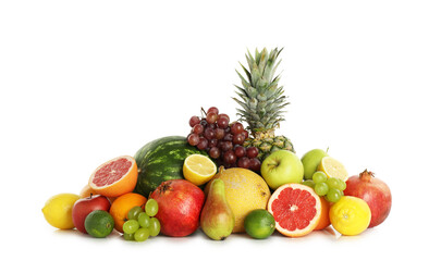 Many different fresh fruits isolated on white