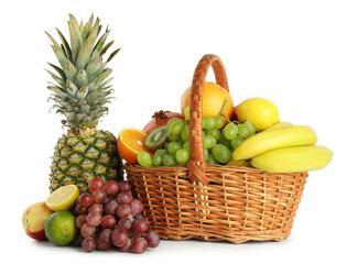 Many fresh ripe fruits in basket isolated on white