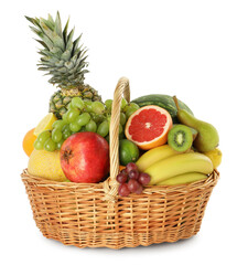 Many different fresh fruits in wicker basket isolated on white