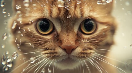 A close-up of a cute cat face with water droplets on its whiskers and fur, during bath time, with soft, diffused lighting creating a sweet, serene mood.