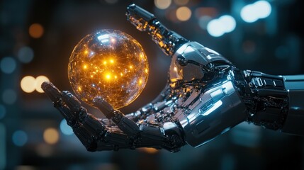 Naklejka premium Robotic Hand Holding a Glowing Sphere