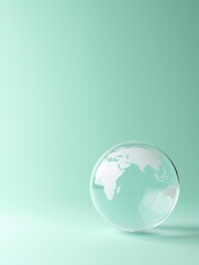 Transparent glass globe with continents, 3d render illustration, isolated on teal background, representing global unity and environmental awareness.