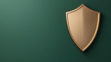 Shiny metallic shield with a crest, 3d render illustration, isolated on dark green background, symbolizing security and protection in a modern world.