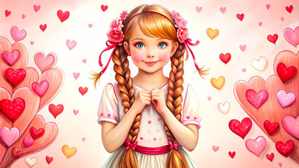 Fototapeta premium Whimsical valentine girl with braided hair and hearts - perfect for children's illustrations, valentine's cards, or romantic digital designs.