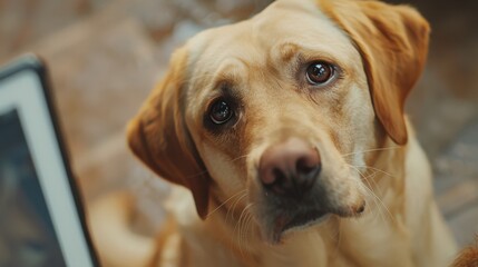 Show a local pet adoption event where technology is used to showcase pets through digital profiles and interactive screens.