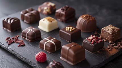 Show a luxurious chocolate tasting experience with an assortment of gourmet chocolates, each elegantly presented and accompanied by fine liqueurs.
