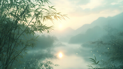 Landscape with bamboo. Chinese banner concept design. Mid Autumn Festival background