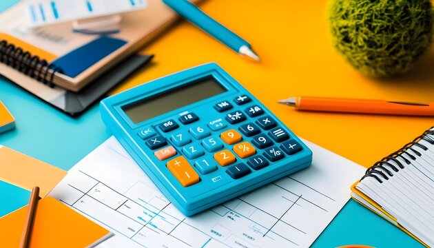 A Blue Calculator on a White Notebook with a Yellow and Blue Background