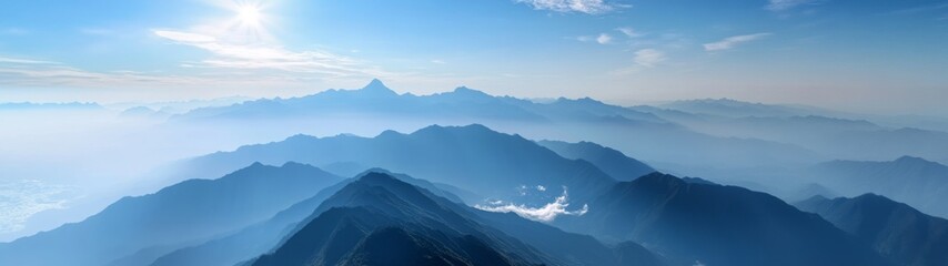 Fototapeta premium Blue mountains in mist with sky, panoramic landscape