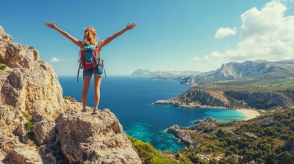 A young woman enjoys the stunning view from a rocky cliff. She stretches her arms wide, embracing nature.