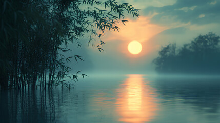 Fototapeta premium Landscape with bamboo. Chinese banner concept design. Mid Autumn Festival background